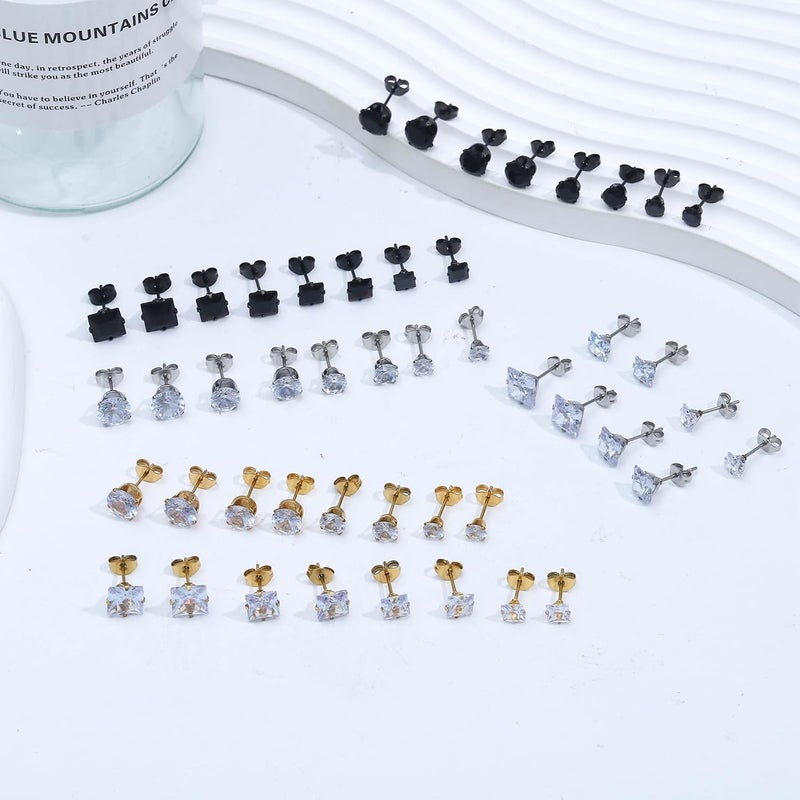 NEWITIN 24 Pairs Stainless Steel Earrings for Men Hypoallergenic Inlaid Cubic Zirconia Studs Hoop Earring Cross Dangle Earrings Unisex Punk Stud Earring for Women Men - Image 4